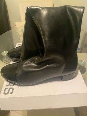 Black Women's Low Heel Ankle Boots - Sleek Leather Look